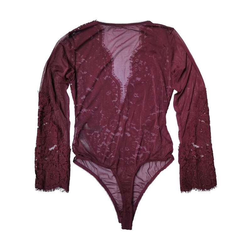 Women&#39;s Wine Red Embroidery Lace Gauze Deep V-neck Long Sleeve Sexy Thong Open Crotch Bodysuit, Underwear Lingeries SLA077: L