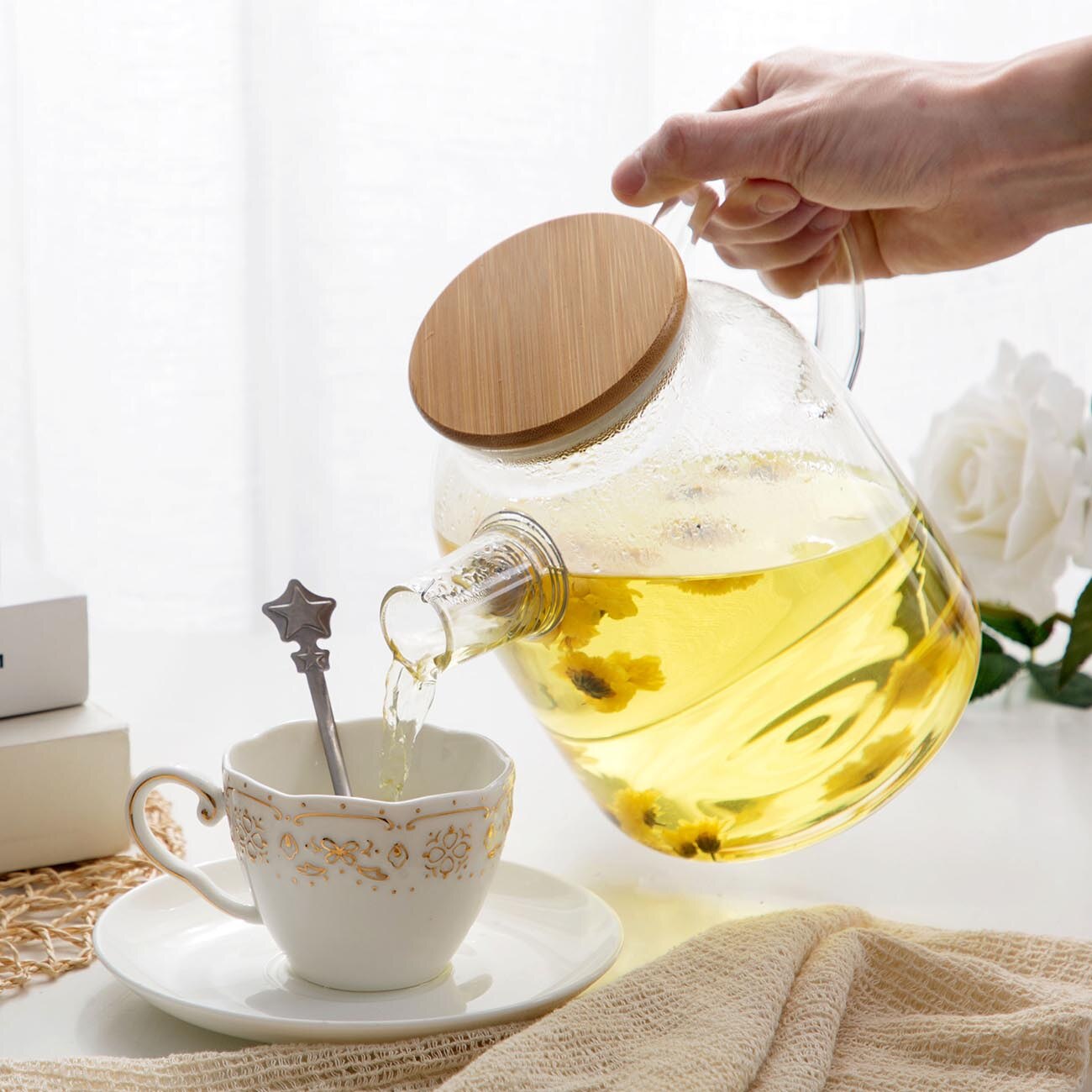 Tetera de vidrio de 1L/1.8L con filtro de bobina de alambre desmontable para té suelto resistente al calor jarra de agua /fría