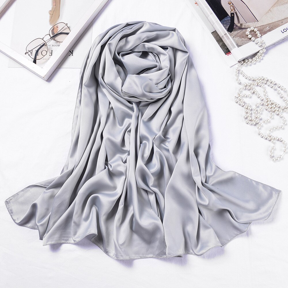 Lange tørklæder sjaler ensfarvet silke satin hijab tørklæde til kvinder halstørklæde kvindelige 70*190cm store poncho tørklæder til damer: Grå