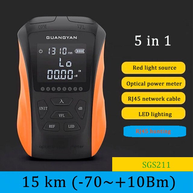 FTTH Tool Fiber Optic OPM Optical Power Meter Visual Fault Locator VFL 5/15km RJ45 Tester Cable Tracker Mini Red Fiber Pen: 5in1 15KM -70 to 10