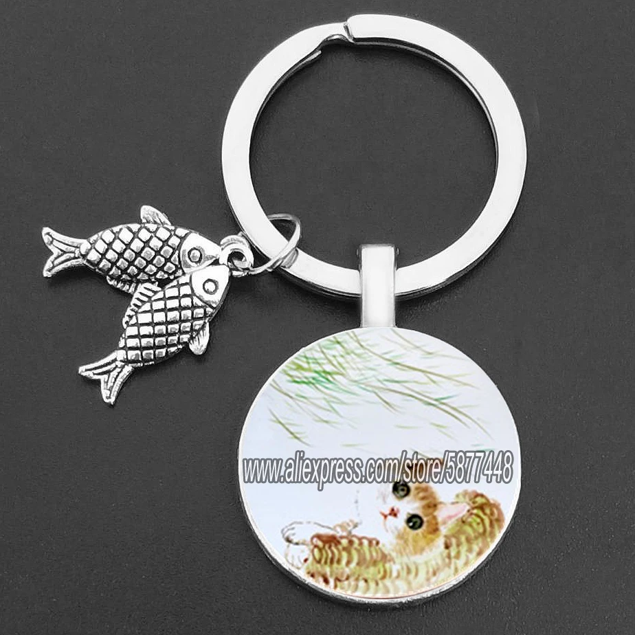 Ondeugende kat en vis glazen hanger sleutelhanger schattige kat die wil vis eten sleutelhangers voor vrouwen en schattig meisje: Champagne