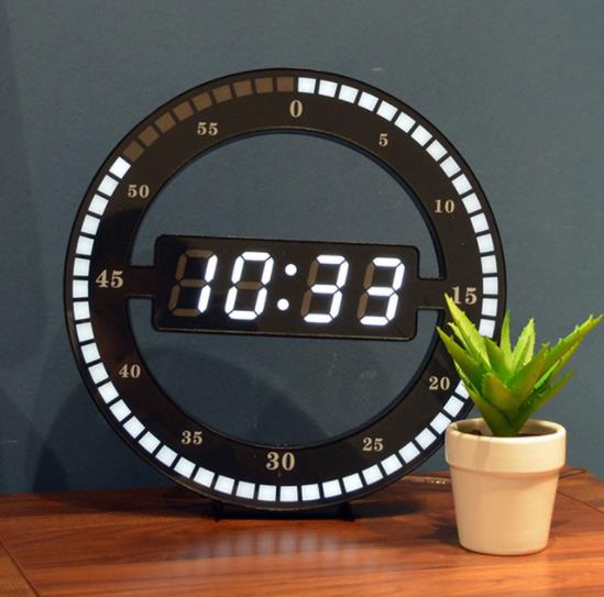 Mute Hanging Wall Clock Black Circle Automatically Adjust Brightness Digital Led Display Desktop Table Clock