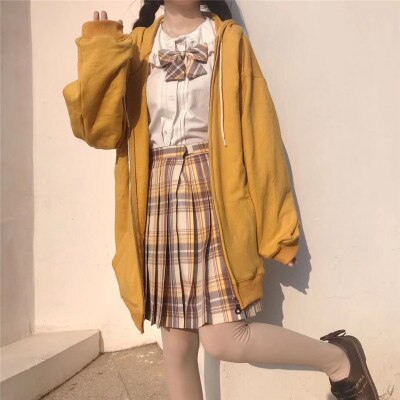 Uniforme escolar Kawaii Girl JK, blusa con cuello de muñeca Falbala de manga larga, falda escocesa plisada con lazo, cárdigan holgado con capucha: blouse  bowknot