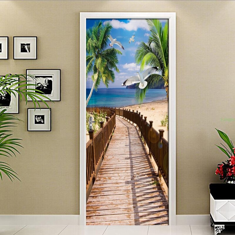 3D Coconut Tree Seascape Wall Window Door Sticker Removable Mural Poster Waterproof Wall Sticker Imitation 3D Door Decal Tapety