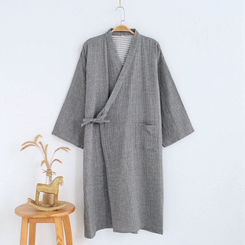 Herr japansk kimono traditionell mantel badrock långärmad bomull sömnkläder enfärgad vårtjänstficka yukata: Grå / L