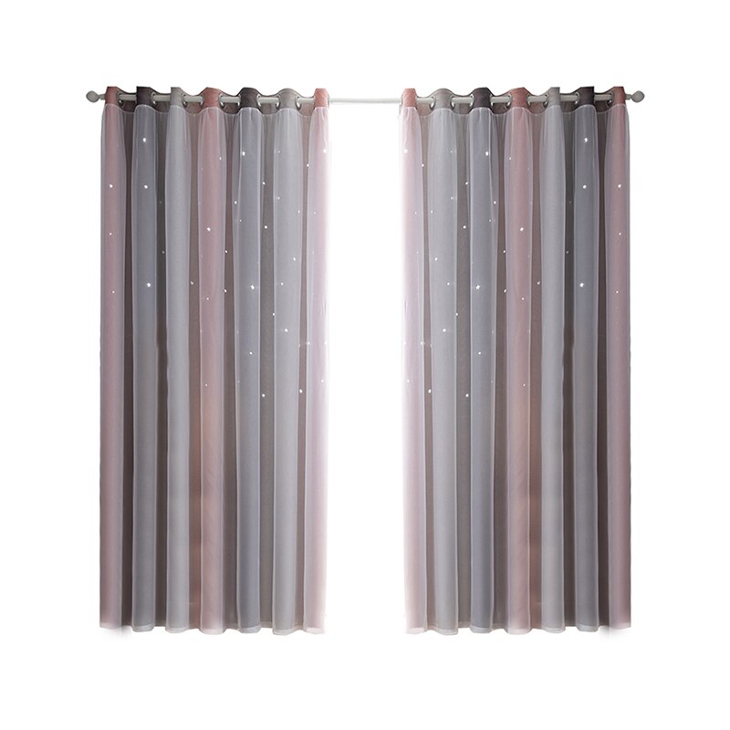 Double Layer Blackout Curtains Star Cutout For Living Room Home Decor White Sheer Window Curtain Panels For Babys Bedroom: Gray