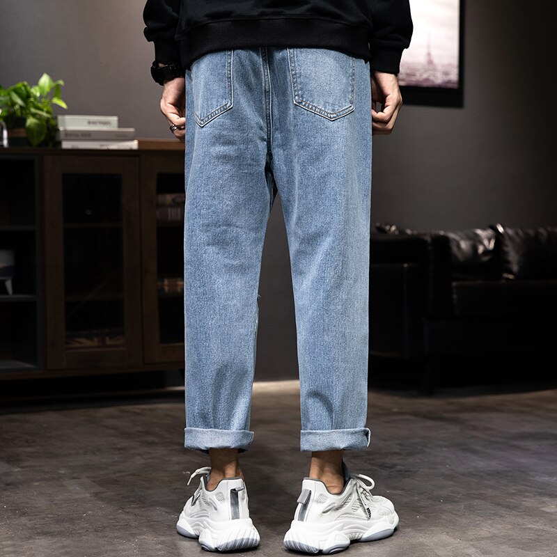 Pantalones vaqueros rasgados para hombre, pantalón de pierna ancha, corte recto, corte holgado, azul, desgastado, Agujero roto, ropa de calle, estilo Punk, longitud hasta el tobillo