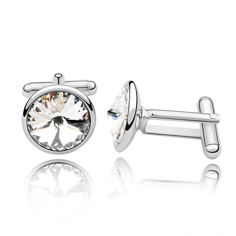 round made with Austrian crystal luxury cufflink for man business shirts white gold color cuff links jewelry: Clear