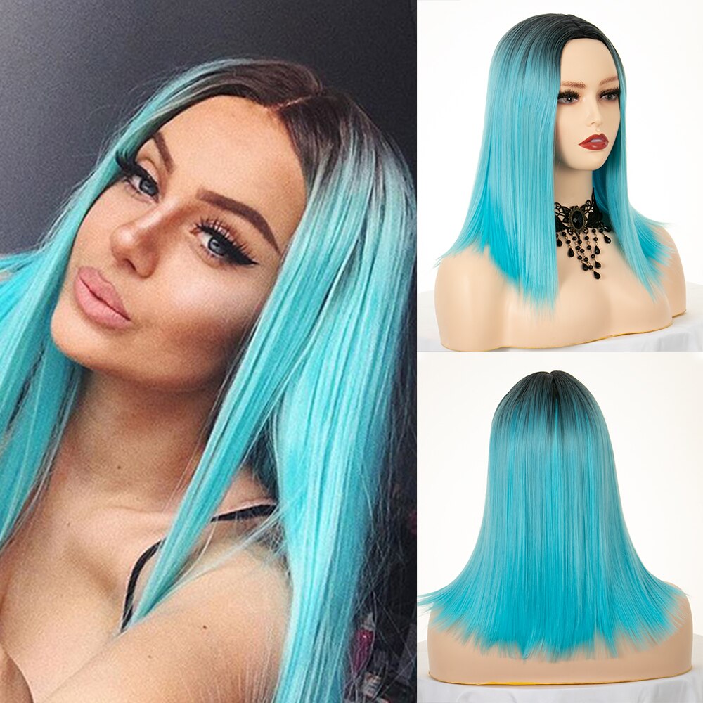 Ombre Straight Blue Wig Middle Part Short Bob Synthetic Hair 14&quot; Shoulder Length With Dark Roots Cosplay Costume Wigs For Women