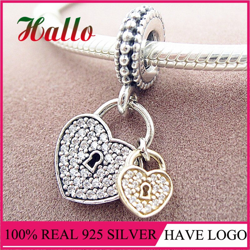 Real Silver Love Locks, Clear CZ Charms Beads Fit Original Charm Bracelet Pendant Authentic Fine Jewelry