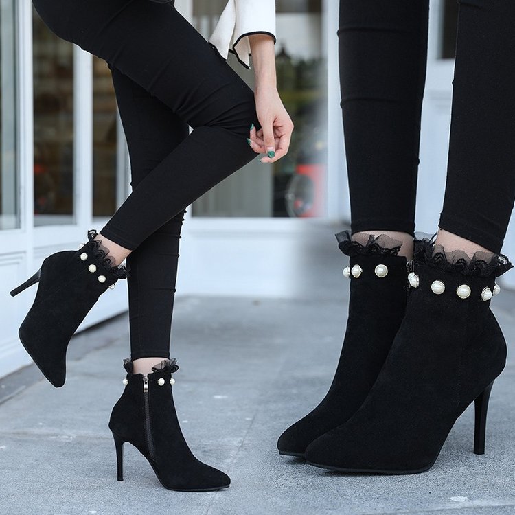 Perle retourné dentelle mi-mollet bottes pour femmes bout pointu automne bottes haute fermeture éclair talons minces hiver dames chaussures