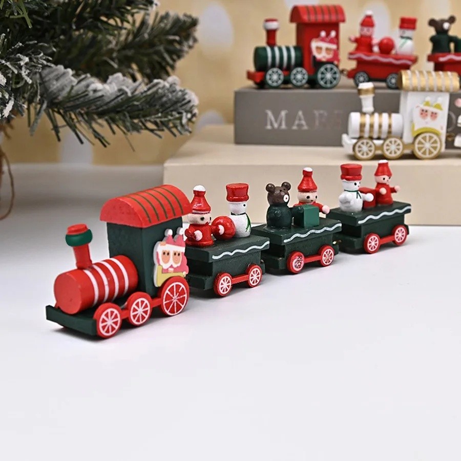 Wooden Christmas Decorations Four Section Train Display Window Tabletop Decoration Children's Cake Decoration Home Use: Navy Blue