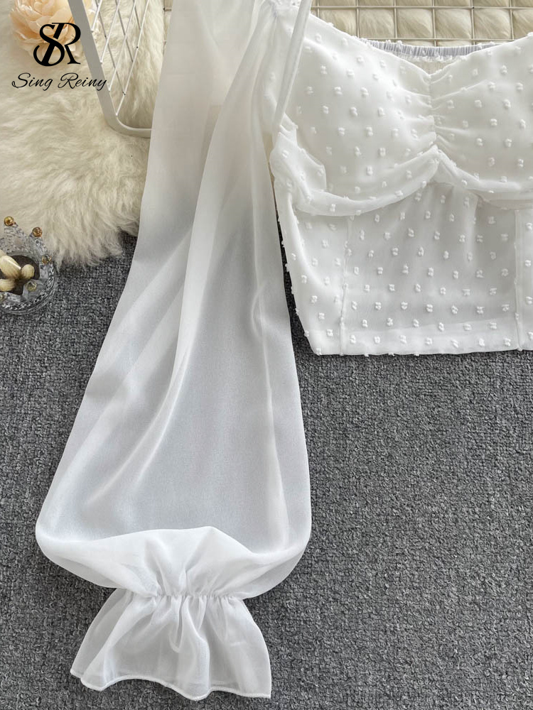 Singiny blusa curta dobrável de bolinhas, verão, gola slash, manga comprida, feminina, gravata halter, cintura elástica, moda praia francesa