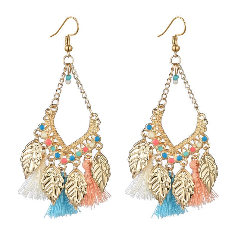 Women Earrings Trend Bohemian Gold Color Alloy Leaf Tassel Dangle Earrings Korean Jewelry: Multicolour