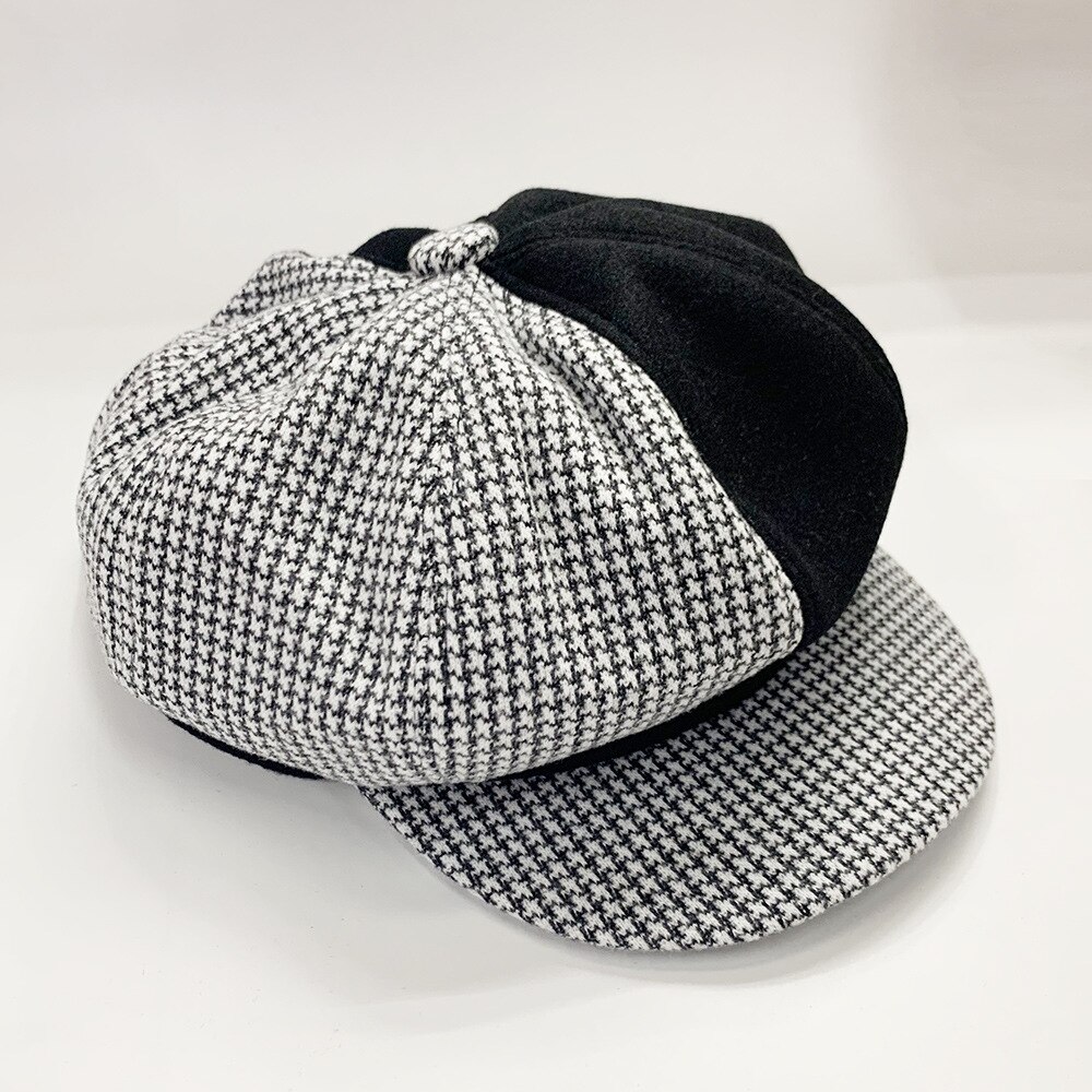 Gorro octogonal de tela de lana de casqueta de tela escocesa de retales boina con estilo coreano: black
