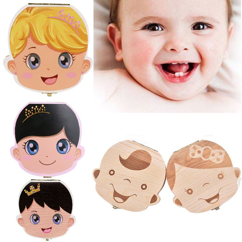 Spaans Engels Russisch Frans Griekse Hout Melktand Box Organizer Melk Tanden Opslag Verzamelen Tanden Umbilica Besparen Baby Keepsake