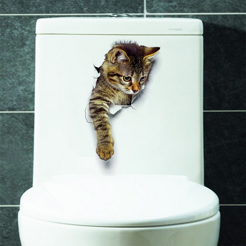 Pegatinas de vinilo 3D para el baño de gatos, vinilo impermeable con de Gato Azul encantador para la pared del baño