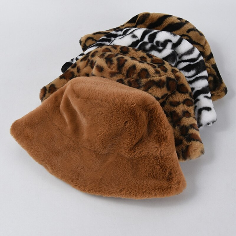 Dames vintage luipaard zebra print bucket hat winter fuzzy pluche visserspet 28gd