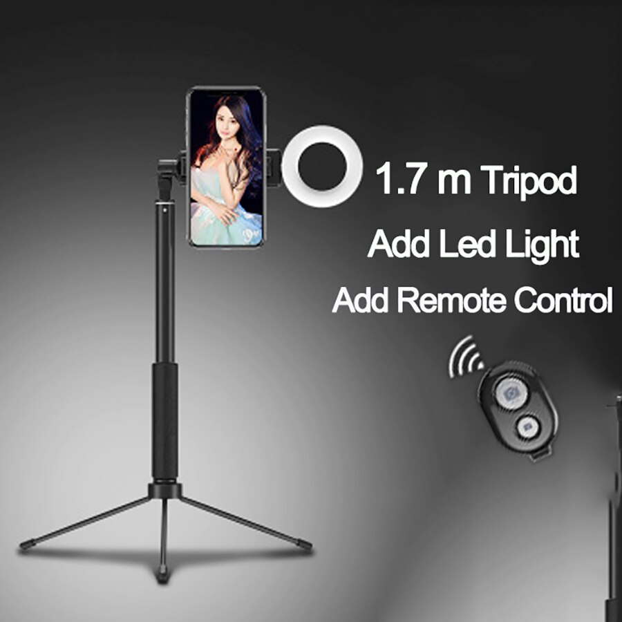 1.7 M Selfie Stok Telefoon Statief Met Dual Led Ring Licht Uitschuifbare Live Statief Stand Portret Vullen Licht Voor Iphone 7 8 Xiaomi: Black one Light