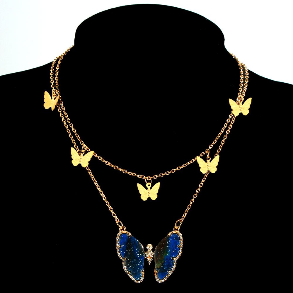 Flatfoosie Trendy Big Butterfly Crystal Pendant Necklace For Women Gold Silver Color Multi-layer Choker Necklace Hip-hop Jewelry: 030902GD