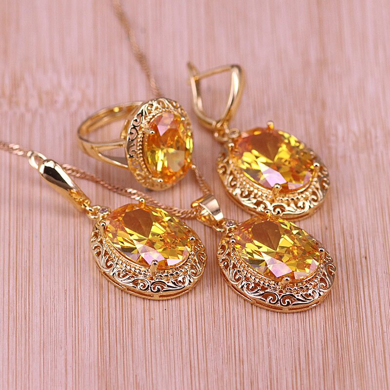 Risenj Dubai Luxe Stijl Vele Kleuren Grote Rode Steen Goud Kleur Sieraden Voor Vrouwen Verstelbare Ring Ketting Set: Yellow
