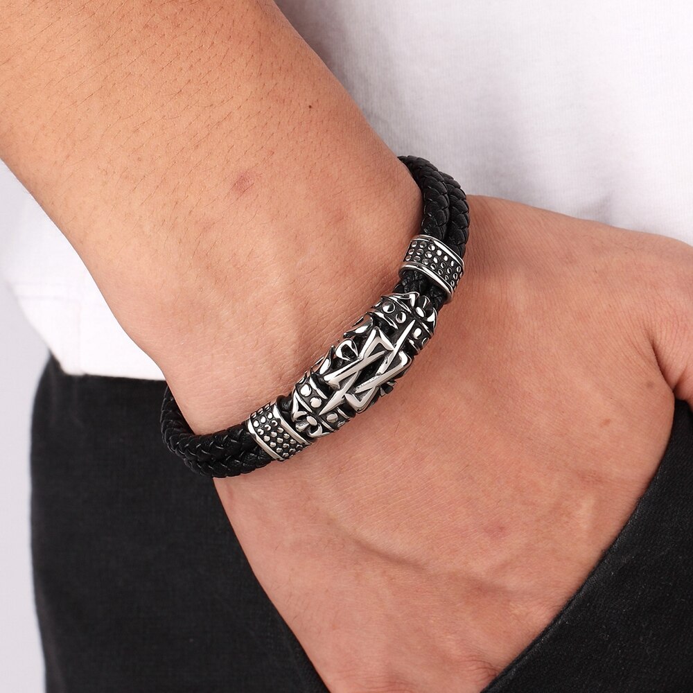 Classic Men Jewelry Leather Bracelets Stainless Steel Bracelets Black Rope Chain Wristband for Male Magnet