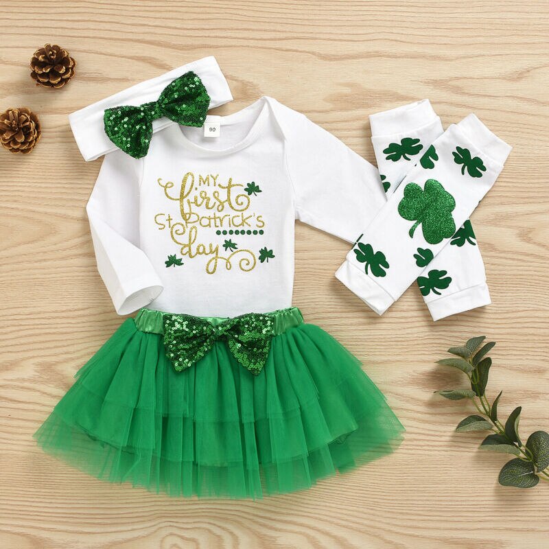 Ropa para niñas recién nacidas mi primer día de San Patricio, ropa para niñas, trébol, mameluco, niñas falda tutú, conjunto