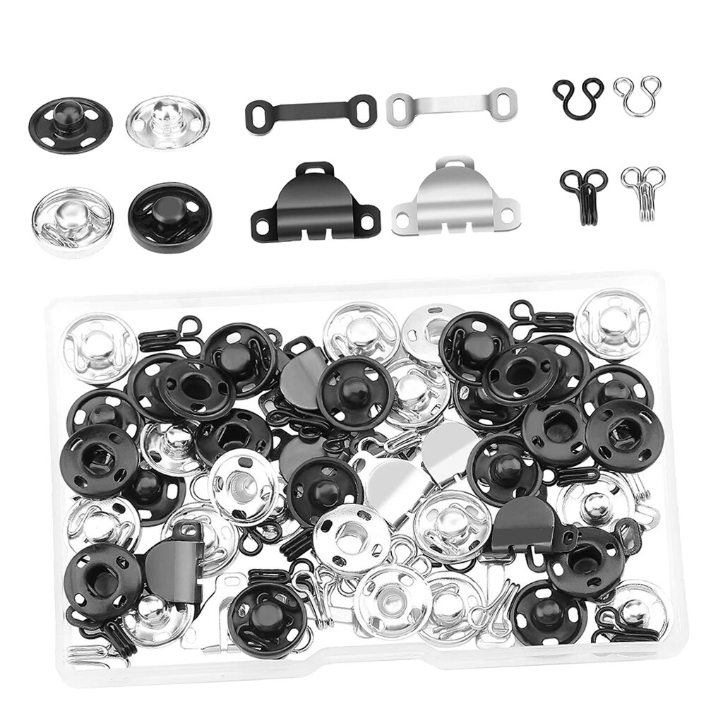 50 Metal Fastener Snap Button Hooks and Eyes Sewing Closures Set Tool Kit Crafts for Clothes, Jacket, Jeans, Bag, Belt, Bra