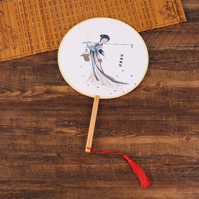 Vintage Round Fan Long Handle Tassel Dancing Hanfu Circular Fan Ancient Chinese Style Classical Printed Court Round Fan Wedding: 5