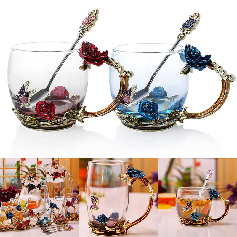 Emalje kaffe te kopp krus 3d rose sommerfugl glass kopper bryllup   qp2