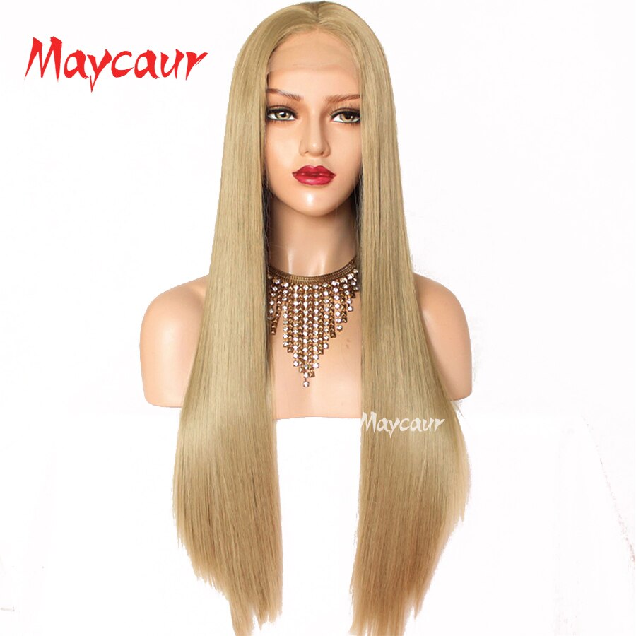 Maycaur Hittebestendige Bob Lace Front Pruiken Voor Vrouwen Ombre Blonde Korte Striaght Synthetisch Haar Pruik 14 Inch