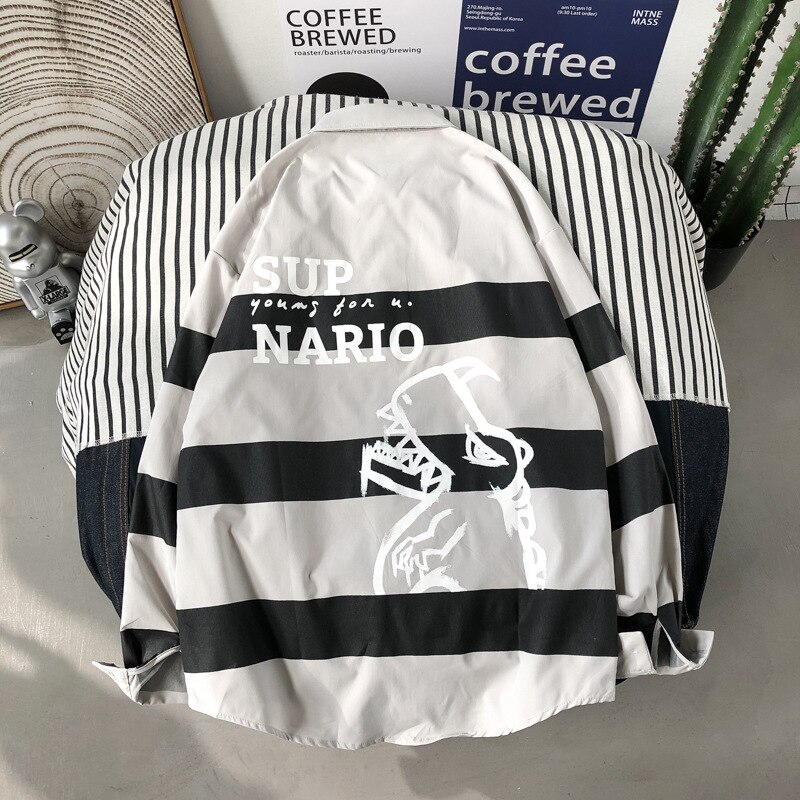 Casual skjorter herre pink langærmet stribet bluse stor størrelse herreskjorte vintagetøj streetwear baggy koreansk stil tøj: Grå / L