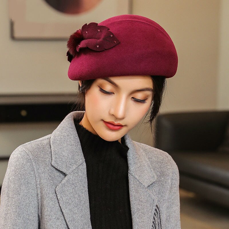Sombreros tiroleses de mujer elegantes y femeninos, sombreros de fieltro a la de invierno para mujer, gorros de fieltro con flores, gorra tipo pastillero, sombreros de lana 100% Australia