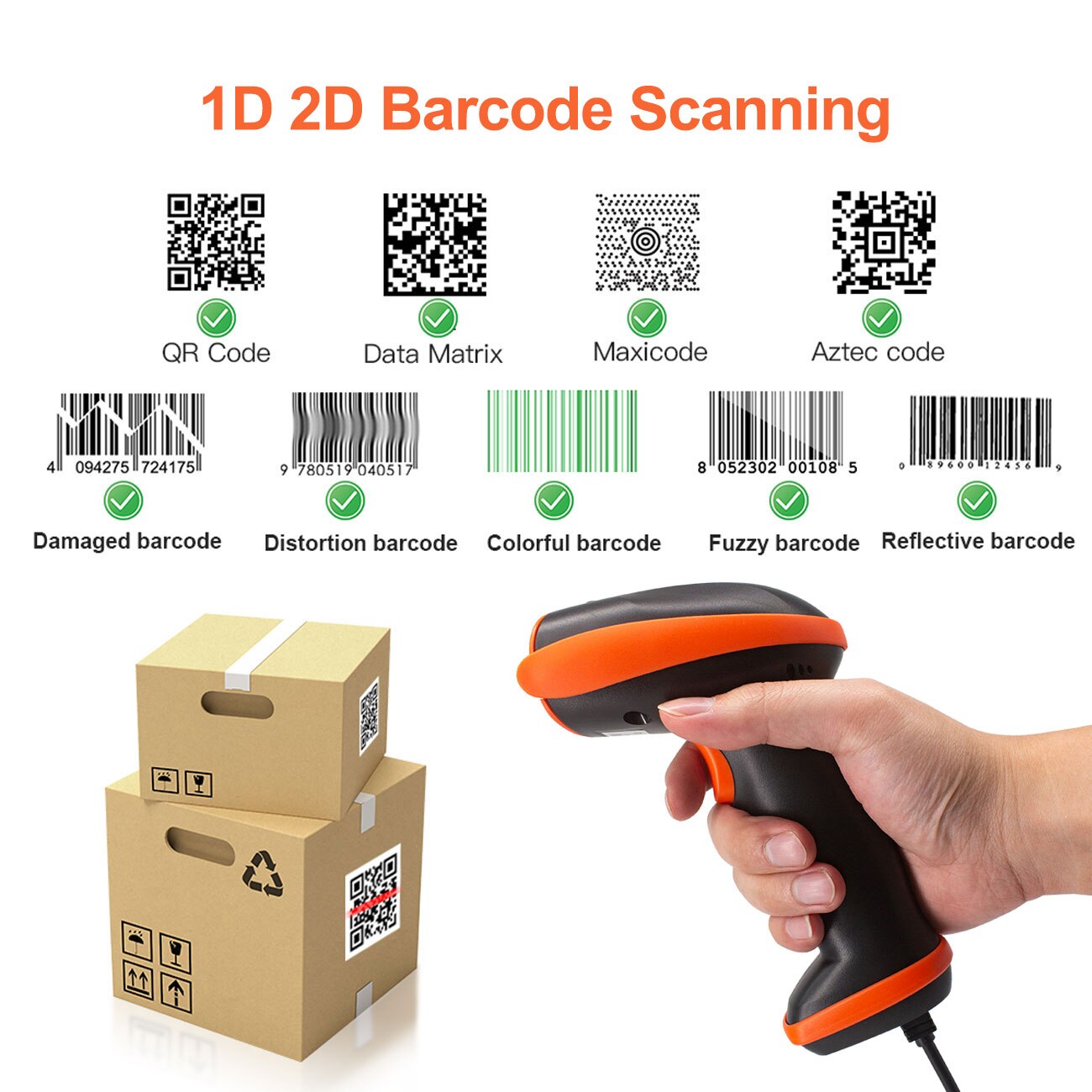 Holyhah V8BL Bluetooth 2D Barcode Scanner V8 Wireless QR Code Reader V5 Wired Handheld Scanner for IOS Android Phone Computer