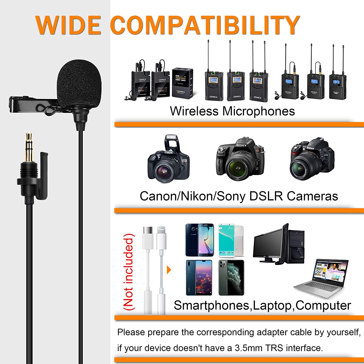 Comica CVM-SM-O1 Microfono lavalier per microfono wireless Microfono da bavero cablato omnidirezionale con fibbia di bloccaggio