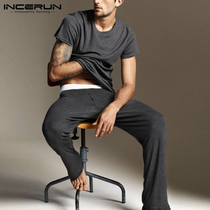 INCERUN Men Solid Pajama Sets Short Sleeve O Neck Tops Elastic Waist Pants 2 Pieces Man Breathable Homewear Loose Suit Plus Size