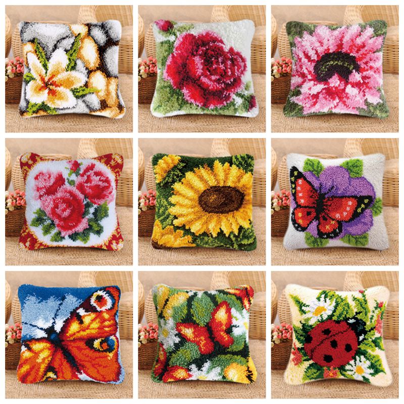 Prajna blomsterpude pude låsekrog sæt tæppe måtte gør-det-selv broderi håndarbejde hæklet pudesæt ufærdigt tilbehør 37 x 37cm