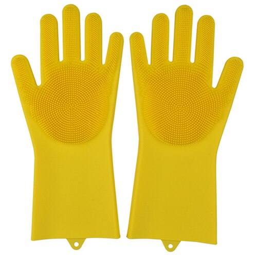 1 par opvask handsker silikone opvask handsker køkken silikone rengøring husholdningsværktøj til ren bil kæledyr børste handske: Gul