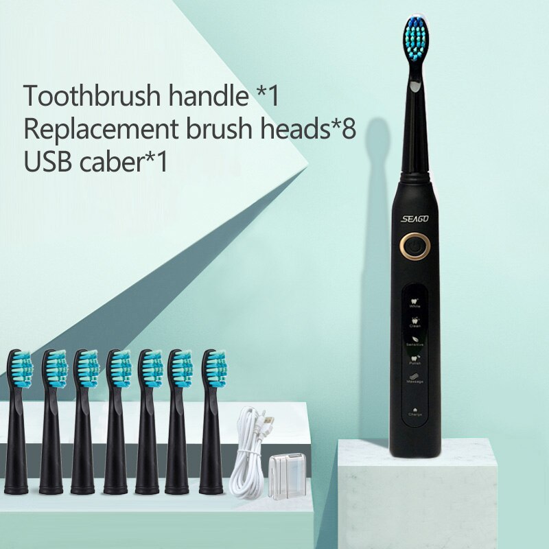 SEAGO Sonic Electric Toothbrush Adults Timer 5 Modes USB Rechargeable Tooth Brush Replacement Brush Head Nozzles Box SG-507: black5head