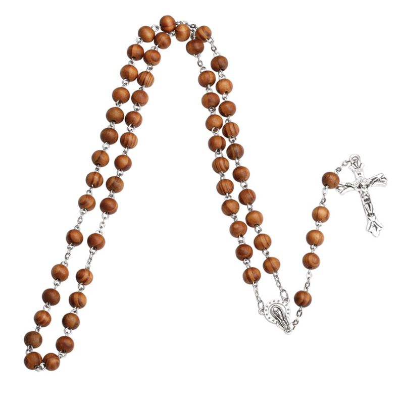 Handmade Round Bead Catholic Rosary Cross Religious Wood Beads Necklace