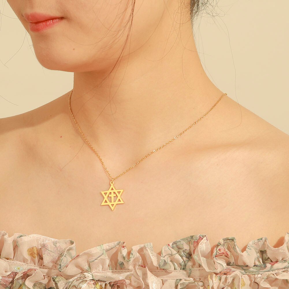 Män kvinnor trendiga magen david star hänge halsband israel judisk rostfritt stål kedja star of david cross charm choker smycken