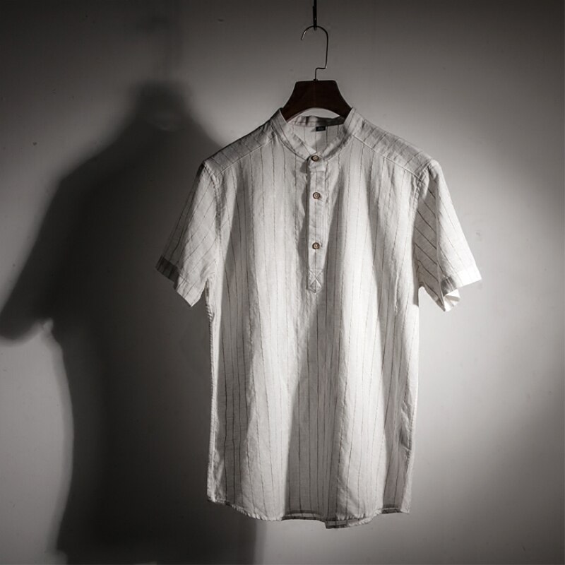 Camisa Algodón Lino Hombre - Rayas Verticales - Cuello Mao Manga Corta - Pulóver Casual