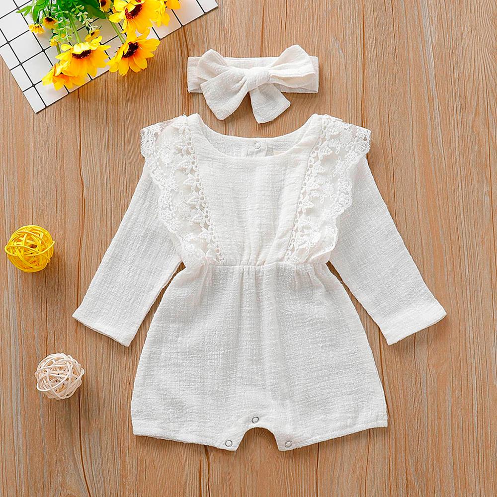 Autumn Winter Toddler Newborn Kids long sleeve lace Romper Infant Baby Girls Romper Jumpsuit Clothing Outfits Hair Band Outfit: Ivory / 6M