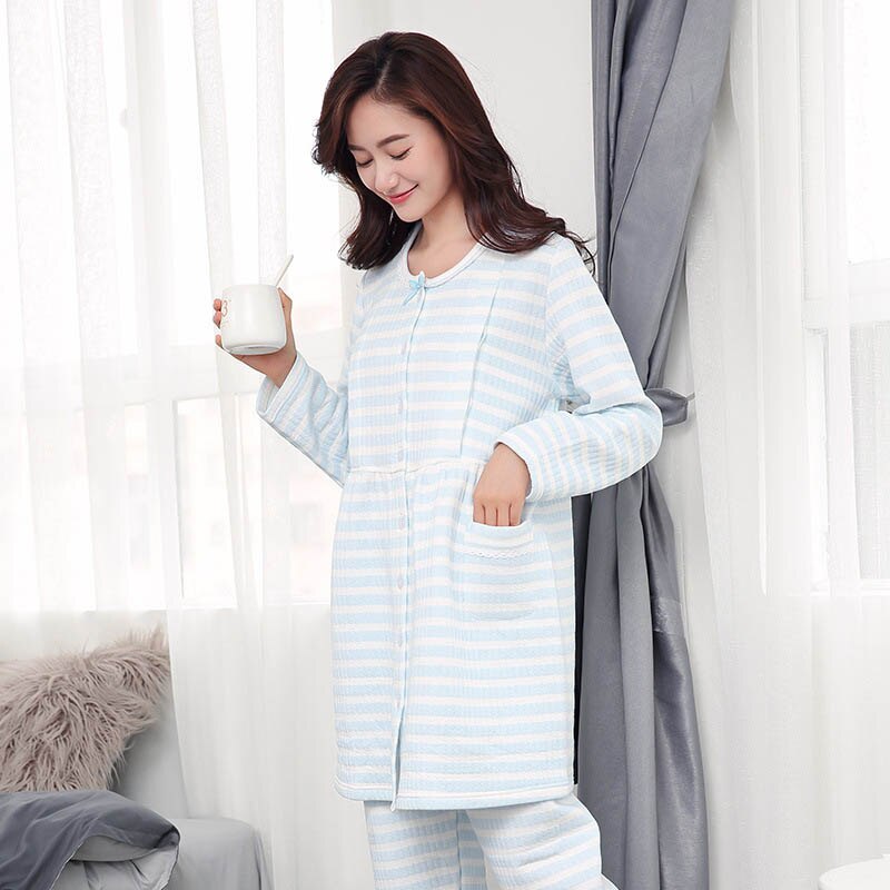 Graviditets plejesæt gravid pyjamas nattøj til efter fødslen bomuldstoppe og bukser langærmet tøj stribet pyjamas til gravide: Blå / M