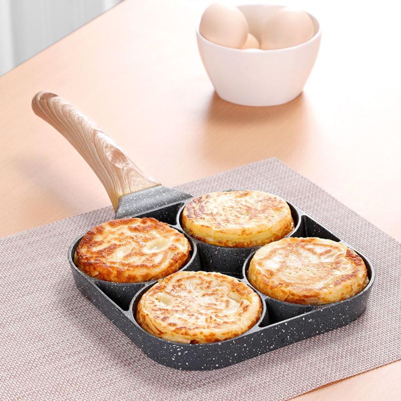 Poêle à omelette 4 trous pour œufs de Burger machine à crêpes jambon manche en bois marmite antiadhésive cuisson petit déjeuner