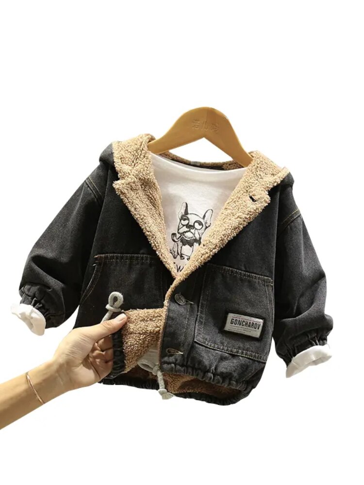 1-5Y giacca di Jeans per ragazze ragazzi autunno inverno Cashmere addensare Jeans cappotto abbigliamento per bambini capispalla caldo giacche di Jeans per bambini: Black / 4T