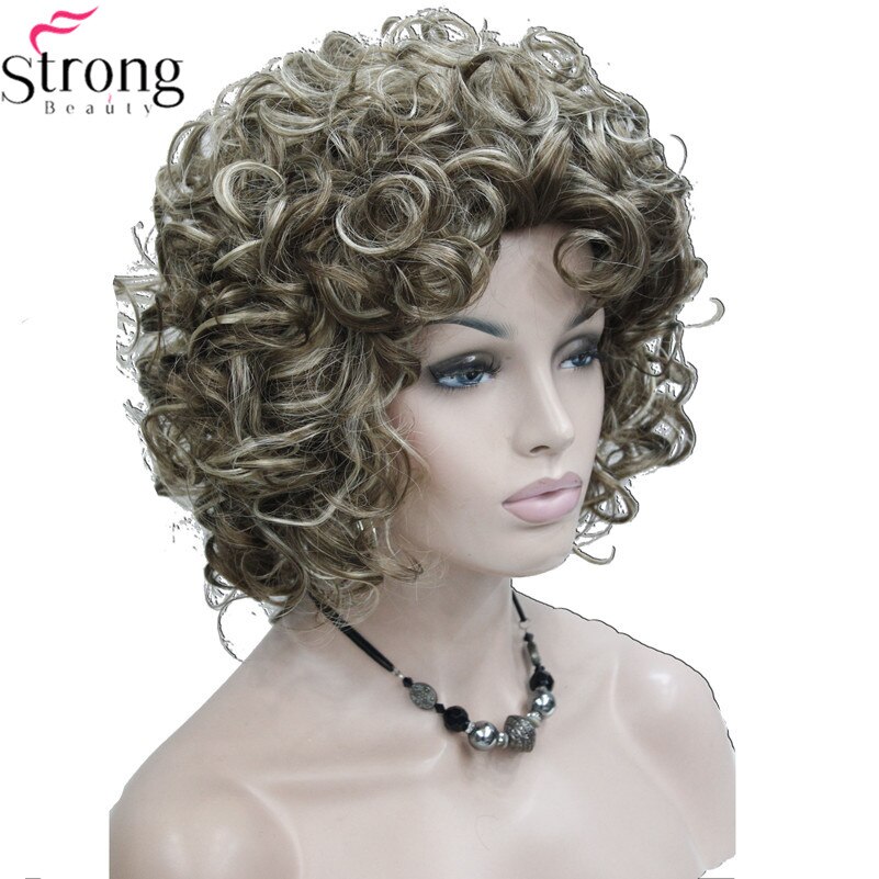 StrongBeauty Korte Stijl Krullend Capless pruik Bruin met Blonde Highlights Synthetisch Haar Pruiken voor Vrouwen KLEUR KEUZES