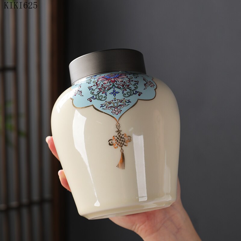 Antique Enamel Sealed Tea Cans with Tin Lids Household Large-capacity Ceramic Storage Jars Kitchen Storage Containers Home Decor