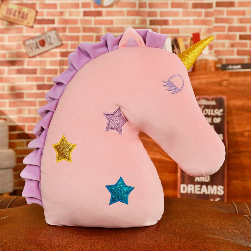 Adorable licorne tête en peluche oreiller flou doux en peluche Animal décor oreiller enfants lit lit jeter oreiller: Pink Head