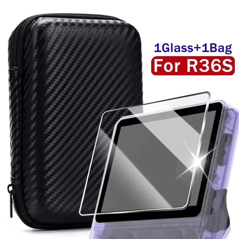 Bolsa com tela para console de jogos r36s, kit de acessórios protetores de tela, filme de vidro temperado e bolsa de armazenamento portátil eva: Azul